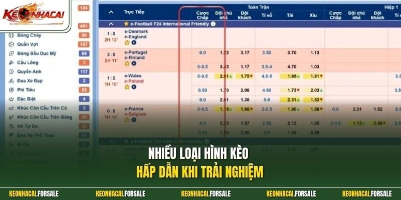 Nhiều loại hình kèo hấp dẫn khi trải nghiệm